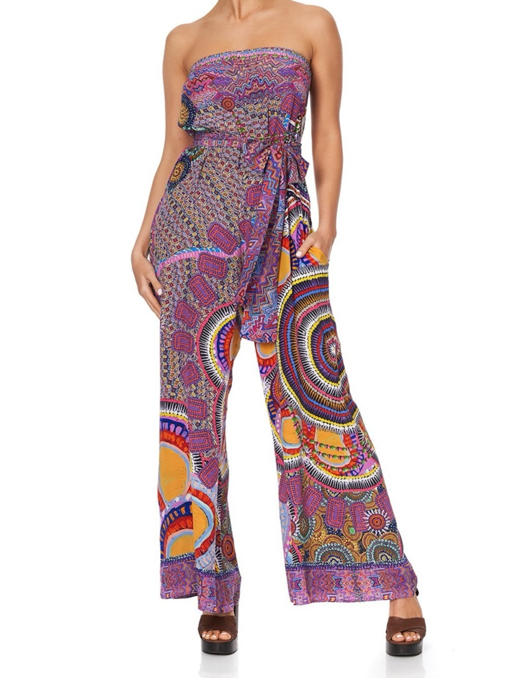Camilla Strapless Wide-Leg Jumpsuit in Pink, Purple, Yellow & Blue Print, NWT